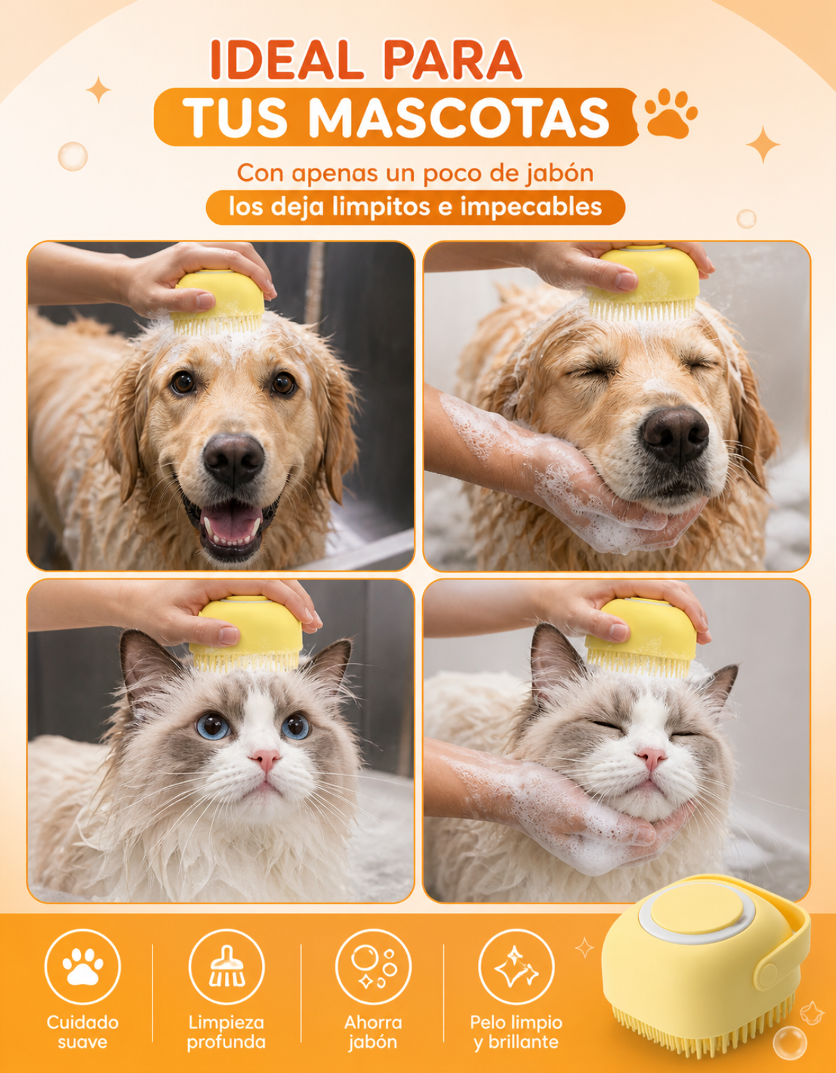 CEPILLO baño para MASCOTAS con dispensador de Shampoo