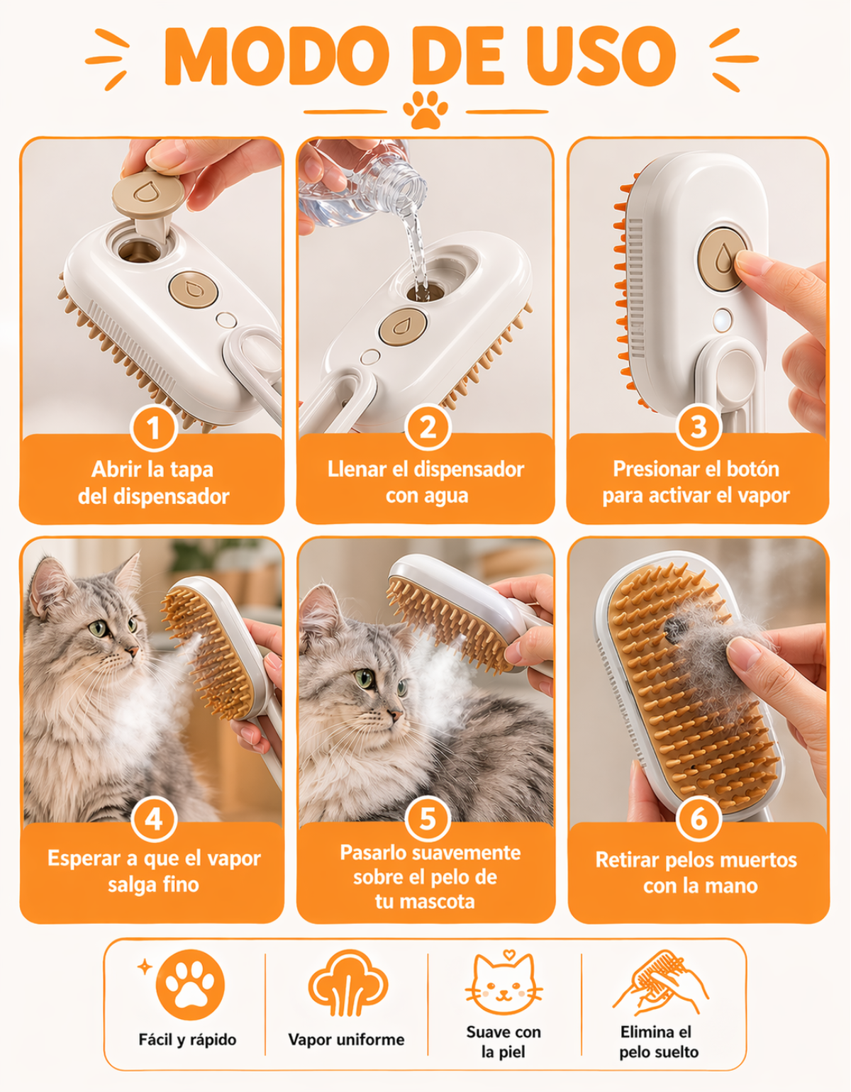 Cepillo a VAPOR Recargable USB para TUS MASCOTAS + GUANTE saca PELUSAS