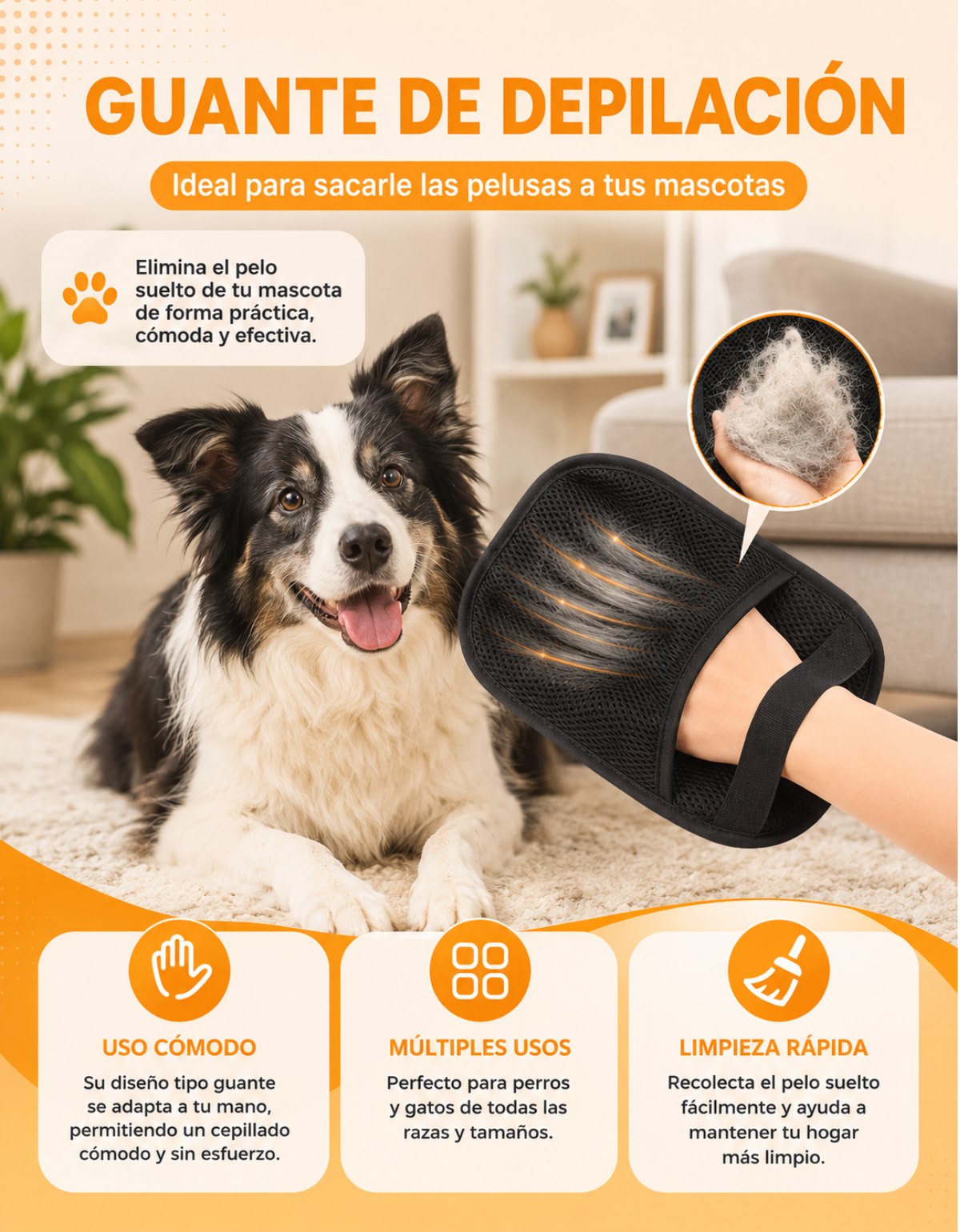 Cepillo a VAPOR Recargable USB para TUS MASCOTAS + GUANTE saca PELUSAS