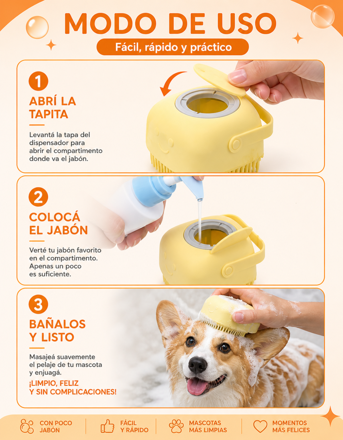 CEPILLO baño para MASCOTAS con dispensador de Shampoo