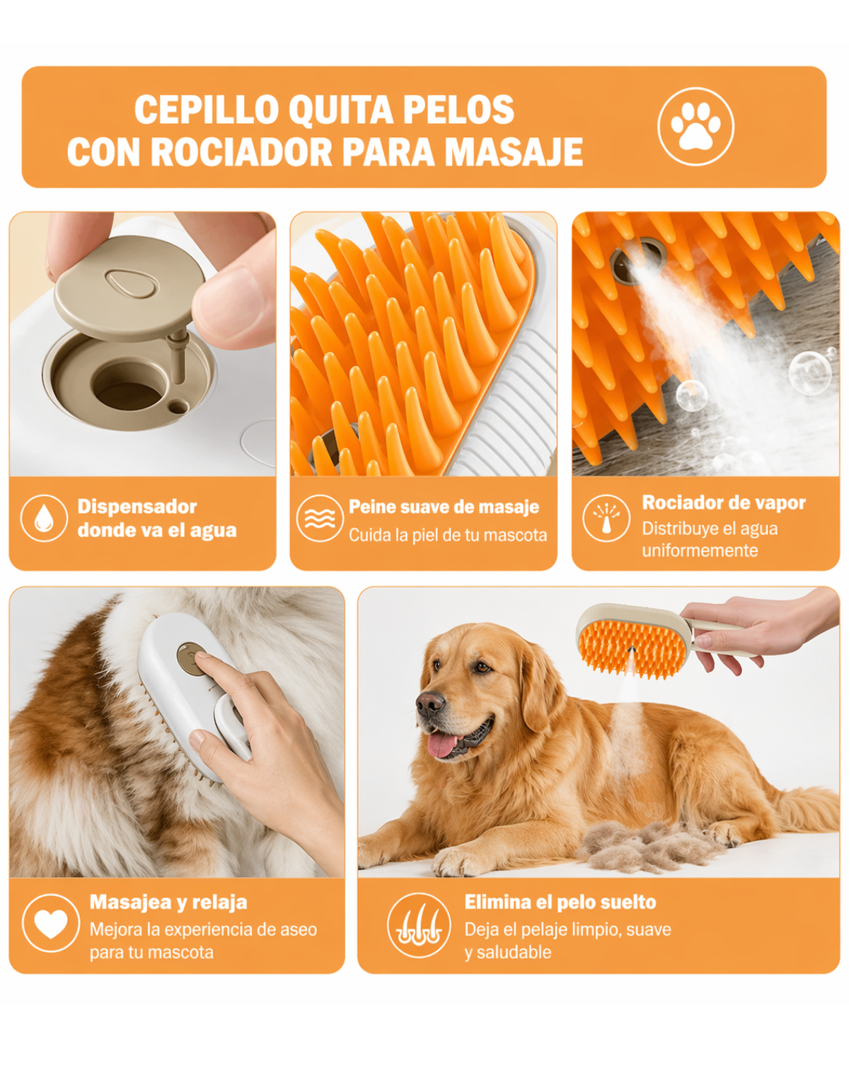 Cepillo a VAPOR Recargable USB para TUS MASCOTAS + GUANTE saca PELUSAS
