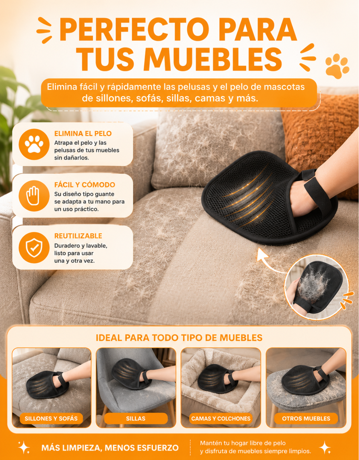 Cepillo a VAPOR Recargable USB para TUS MASCOTAS + GUANTE saca PELUSAS
