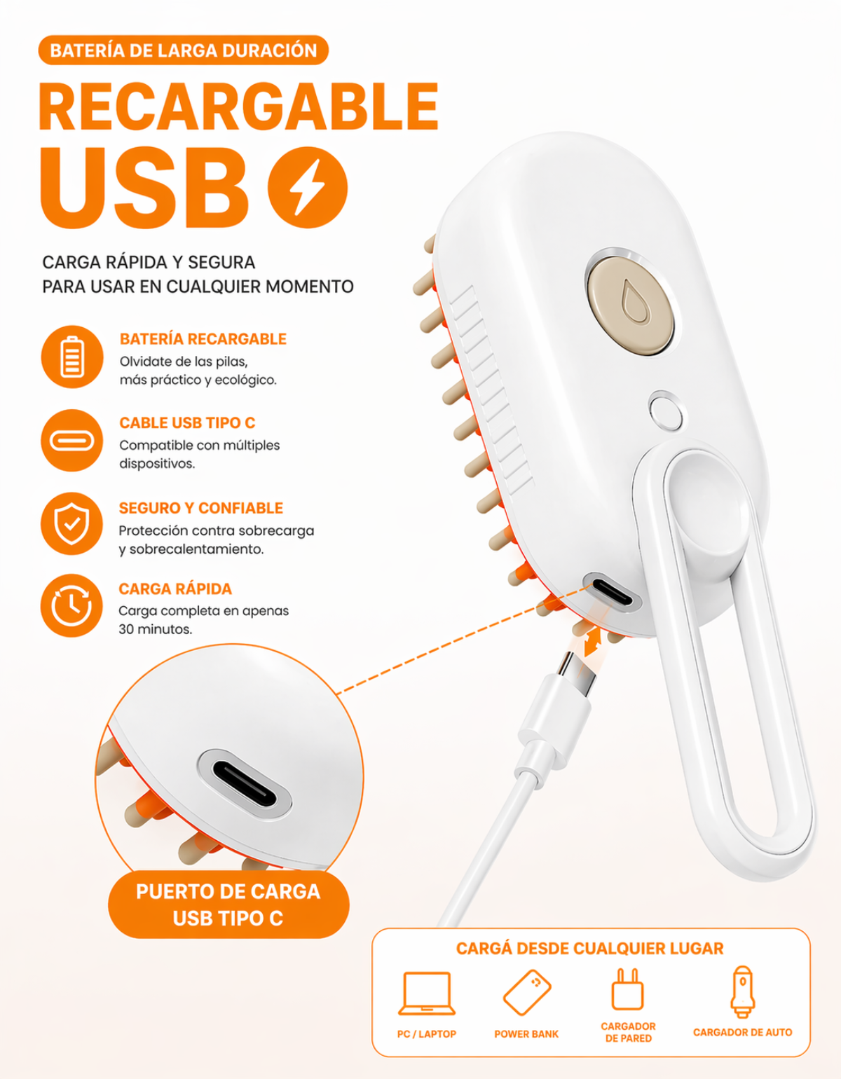 Cepillo a VAPOR Recargable USB para TUS MASCOTAS + GUANTE saca PELUSAS
