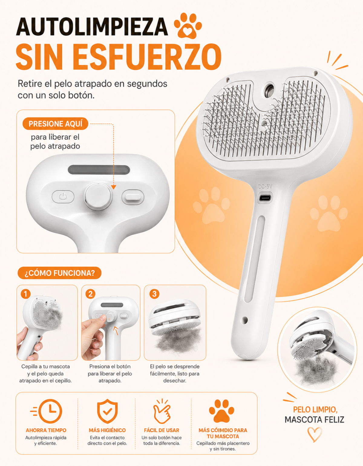 Cepillo PEINE recargable USB quita PELUSAS