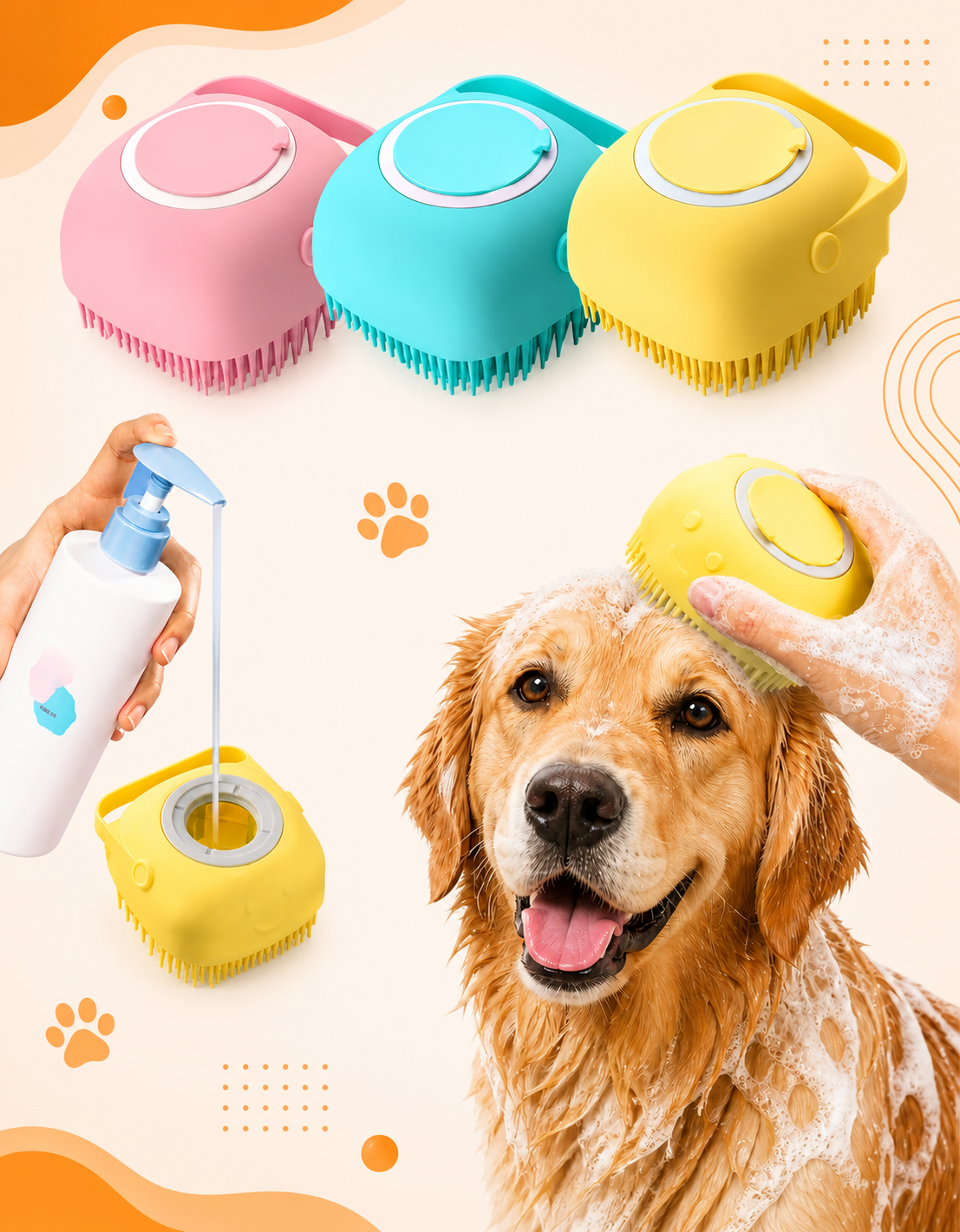 CEPILLO baño para MASCOTAS con dispensador de Shampoo