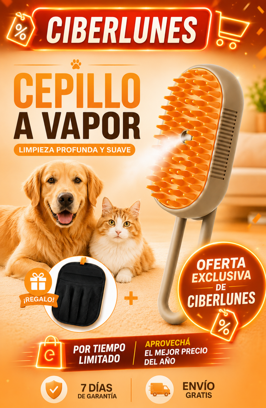 Cepillo a VAPOR Recargable USB para TUS MASCOTAS + GUANTE saca PELUSAS