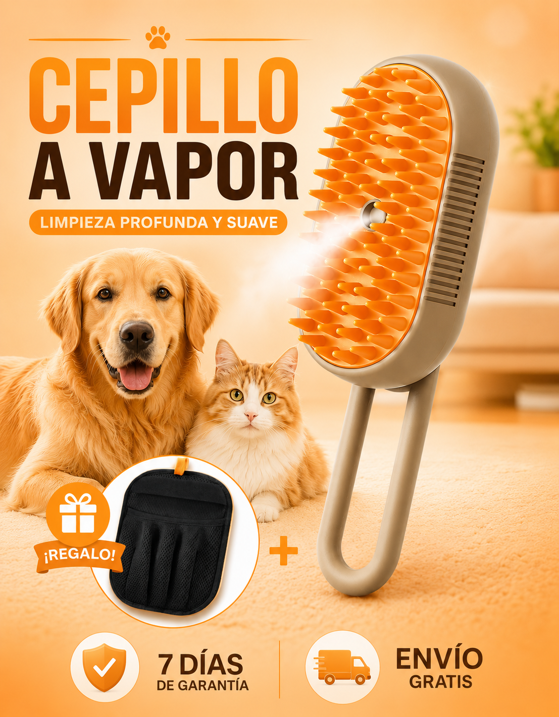 Cepillo a VAPOR Recargable USB para TUS MASCOTAS + GUANTE saca PELUSAS